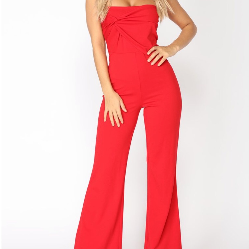 Red strapless jumpsuit